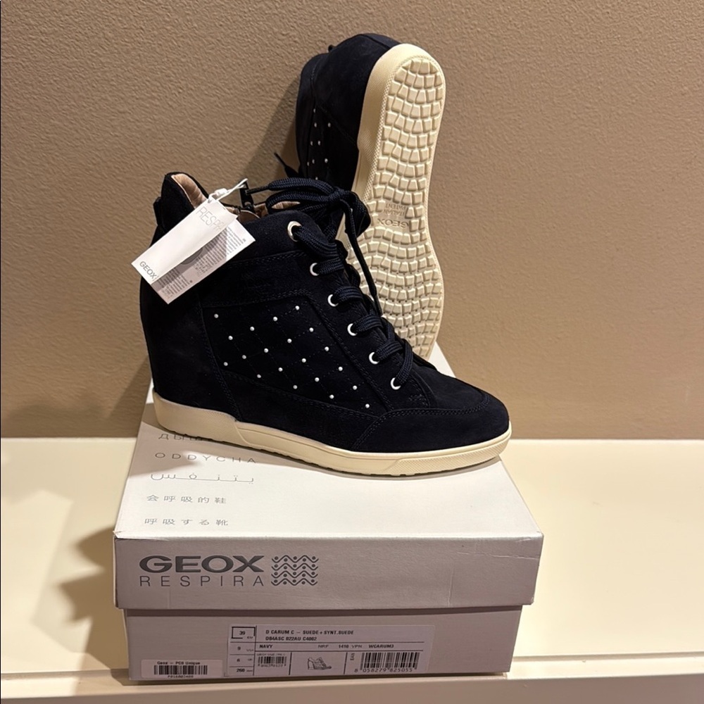 Geox Women's Navy and White Suede Wedge Sneakers